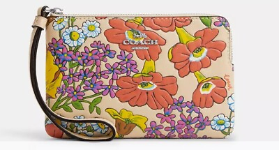 #ad 🌺Coach Corner Zip Wristlet Ivory Multi Floral Print Smooth Leather NWT CR946