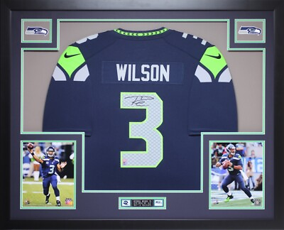 #ad Russell Wilson Autographed and Framed Blue Seahawks Jersey Auto Wilson COA D2 L