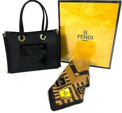 #ad Fendi Zucca Logo Black Gold Mini Bag Handbag Pouch amp; a Scarf 50 x 50cm w Box