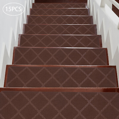 #ad 15PCS Indoor Non Slip Carpet Stair Treads 30quot; x 8quot; Mats Coffee for Wooden Steps