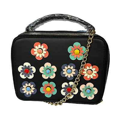 #ad Floral Appliqué Black Bag Crossbody Lunchbox Tote Chain Strap NEW