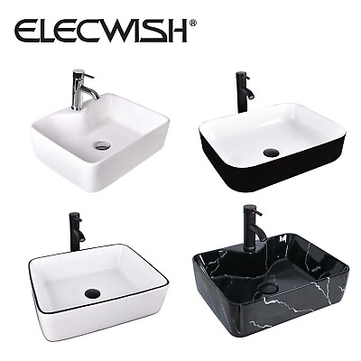 #ad ELECWISH Bathroom Vessel Sink Rectangle Ceramic Basin Bowl with Faucet Combo