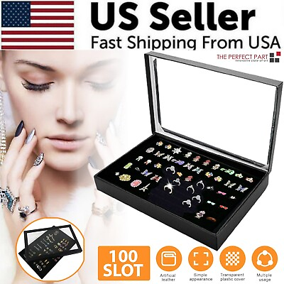 #ad 100 Slots Jewelry Ring Display Organizer Tray Holder Earrings Storage Box Case