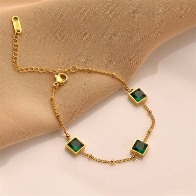 #ad Woman 18K Gold Plated Stainless Steel Simulated Green CZ Beads Chain Bracelet