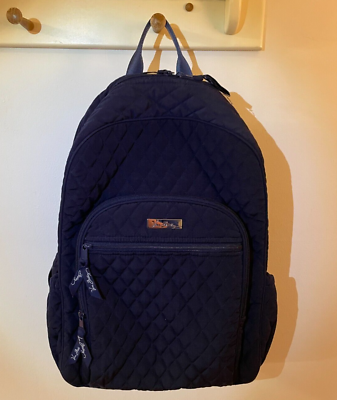 #ad Vera Bradley Campus Essential Large Backpack Navy Blue Solid Microfiber Quilted