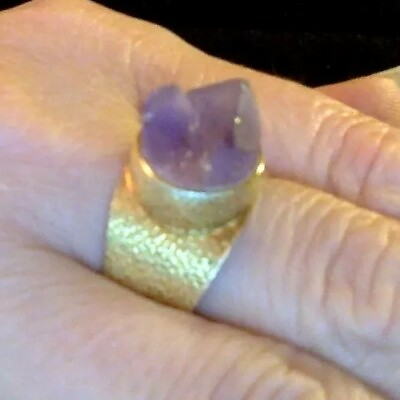 #ad Designer Fine Sterling Silver Amethyst Crystal GOLD Ring Size 8.25 SIGNED MINT