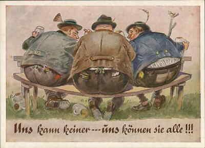 #ad Alcohol Germany Three Drunk Fat Men on Swaying Bench Uns kann keiner uns konnen
