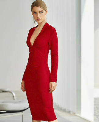 #ad NEW DESIGNER COUTURE RED BANDAGE LONG SLEEVE DRESS PLUNGE NECK COCKTAIL DRESS