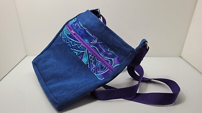 #ad Handmade Denim Crossbody Purse Turquoise And Purple Fabric Accents Upcycled Bag