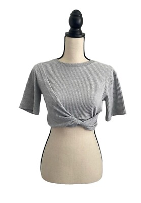 #ad Missguided Gray Petite Short Sleeve Ribbed Cropped Faux Wrap Top size 4 Small