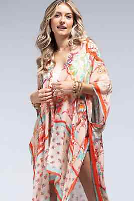#ad Beautiful Flower Print Lightweight Peach Multi Kimono with Border and Side Slits