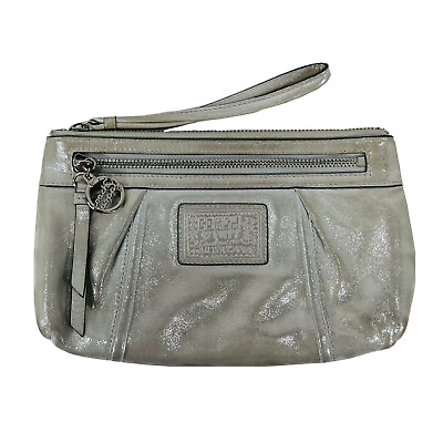 Coach Poppy Shimmery Silver Leather Wristlet Bag Clutch