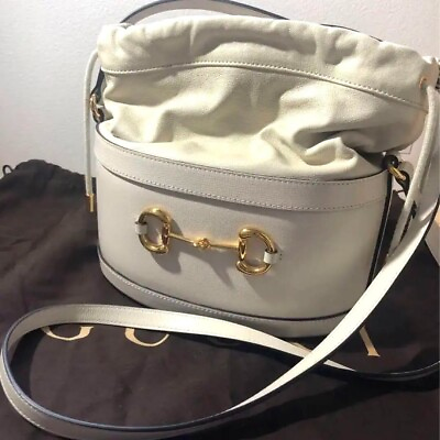 #ad GUCCI Bucket Bag Horsebit 1955 Leather White Auth Good Condition W Storage bag