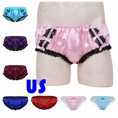 #ad Men#x27;s Sissy Satin Ruffled Bikini Briefs Floral Lace Girly Maid Panties Underwear