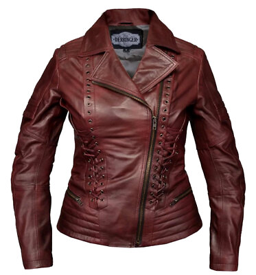 #ad Womens Soft Burgundy Lambskin Leather Fashion Jacket Laces Gussets Stylish