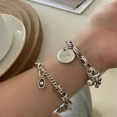 #ad Vintage 925 Sterling Silver Thick Chain Bracelet Heart Pendant Trend Cute Bangle