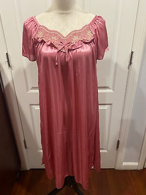 #ad Women Rose Silk Short Sleeve Nightgown w Embroidery Lace Floral Sz XL 38quot;Lx22quot;W