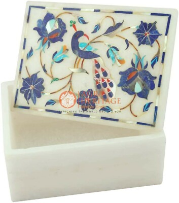 #ad Designer Marble White Top Jewelry Box Lapis Peacock Floral Inlay Art Gift Decors