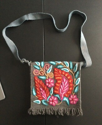 #ad Burlap Wool Embroidered Purse Floral Plant Design Shoulder Strap Zipper Close