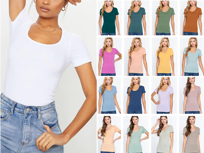 #ad Women#x27;s Basic T Shirt Scoop Neck Cotton Short Sleeve Solid Knit Plain Top Fitted