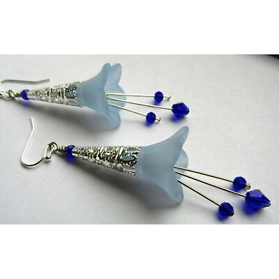 #ad Lucite FLOWER Earrings Dark Blue Dangle Silver Plated Handmade Minimalist