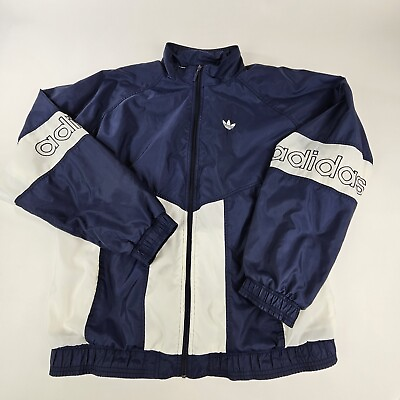 #ad Vintage Adidas Track Jacket Mens Size XL Navy Blue White Hooded Full Zip Logo