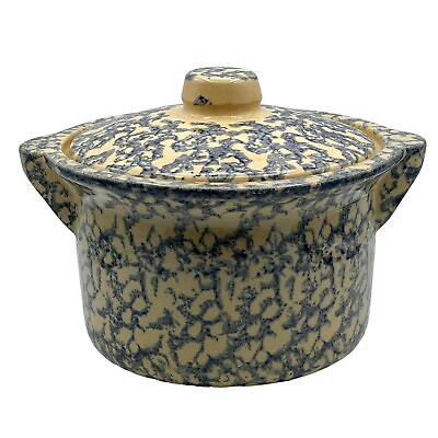 #ad Roseville Blue Spongeware Crock Lid Robinson Ransbottom Pottery USA Vintage