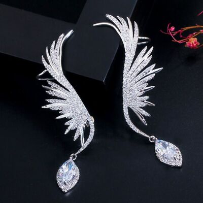 #ad Silver Color Feather Drop Earrings Women Wings Ear Cuff Long Jewelry Earrings