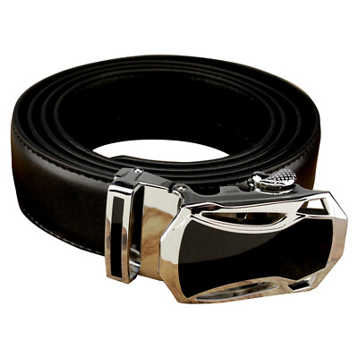 #ad Men#x27;s Black Leather One Belt Black Steel Buckle Ratchet Mechanism Tight Fit.