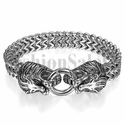 #ad Stainless Steel Mens Silver Tone Heavy Double Lion Head Clasp Bangle Bracelet