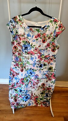 #ad Liz Claiborne Sz12 White Floral Print Open Neckline Cap Sleeve Zip Hook Dress...