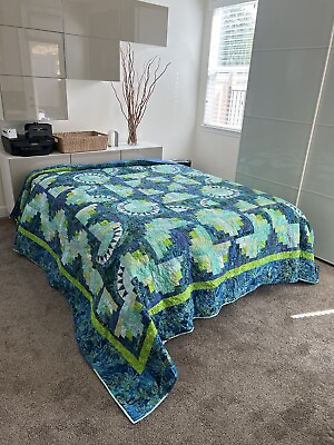 #ad HUGE Stunning Green And Blues New York Beauty Block Quilt DATED 2012 112x114”