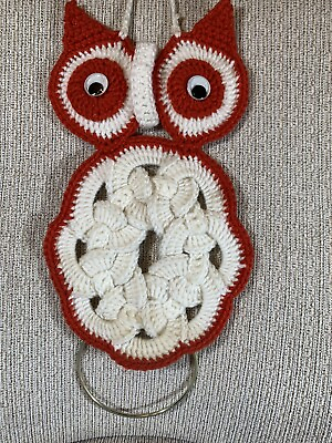 #ad Vintage Crochet Owl Kitchen Towel Holder Wall Hanging Boho Retro Rust White