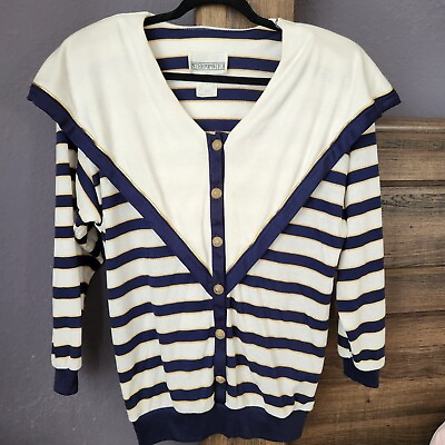 #ad Peter Popovitch Womens Cardigan Size Medium Blue White Stripes Nautical Sweater
