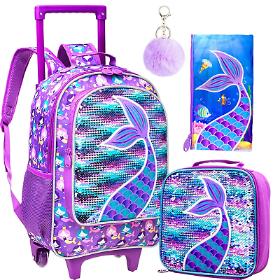 #ad AGSDON 3PCS Rolling Backpack for Girls Kids Roller Wheels Bookbag Wheeled Bag