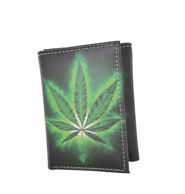 Marijuana Leaf Mens Genuine Leather Trifold Wallet Black Interior With Gift Box $9.98