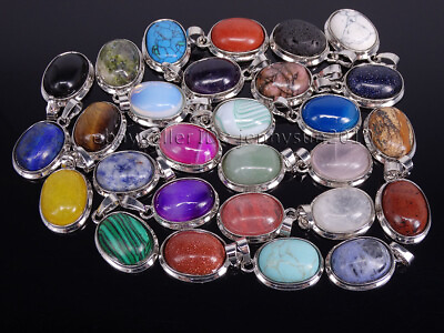 #ad Natural Gemstone Crystal Oval Reiki Chakra Pendant Charms Silver Plated