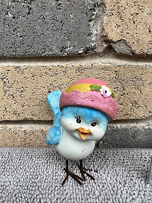 #ad Cute Home Decor Small Chick Figurine Multicolors Black Eyes Pink Hat Metal Feet