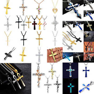 #ad Women Mens Cross Pendant Necklace 925 Silver Gold Chain Charm Religious Jewelry