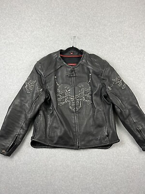#ad First Racing Jacket Mens Extra Large Black Skull 3M Motorcycle Leather Coat