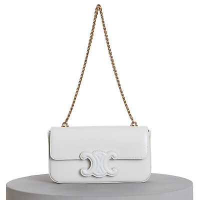 #ad CELINE 2850$ Chain Shoulder Bag Cuir Triomphe White Shiny Calfskin