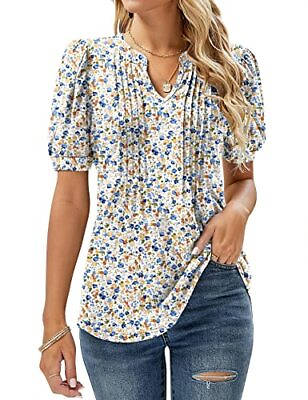 #ad Womens V Neck Puff Short Sleeve Pleated T Shirts Small Floral White Orange