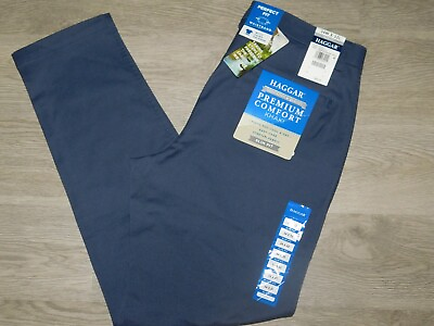#ad HAGGAR Premium Comfort Khaki Pants Slim Fit Stretch Perfect Fit Waist Med Blue