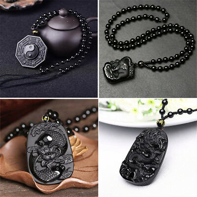 #ad Chinese Natural Black Obsidian Hand Carved Pendant Amulet Lucky Beads Necklace