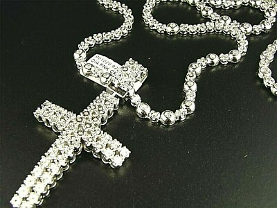 #ad Men#x27;s Rosary Sterling Silver Chain with Cross in Natural Diamonds 3.50 carats