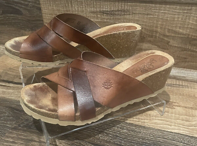 #ad Yokono Women#x27;s Sandals Brown Leather Cork Wedge Slip On Comfort 8 Crisscross
