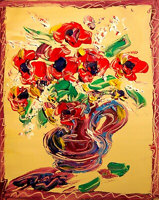 #ad RED FLOWERS Original Oil Painting Stretched Canvas Impressionist GY9RC