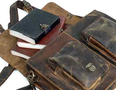#ad Vintage Inspired Leather Brown Laptop Office Travel Briefcase Messenger Bag