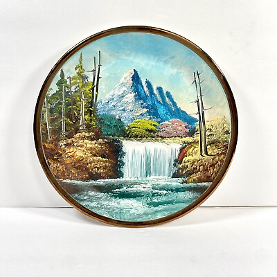 #ad Vintage Oil Painted Landscape Porcelain Plate Signed Ohio Artist Bard Waterfall