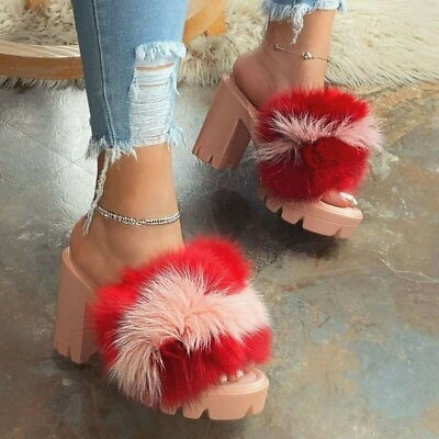 #ad Lady#x27;s Fur Trim Peep Toe Platform Block Heel Sandals Elegant Slip On Casual Shoe